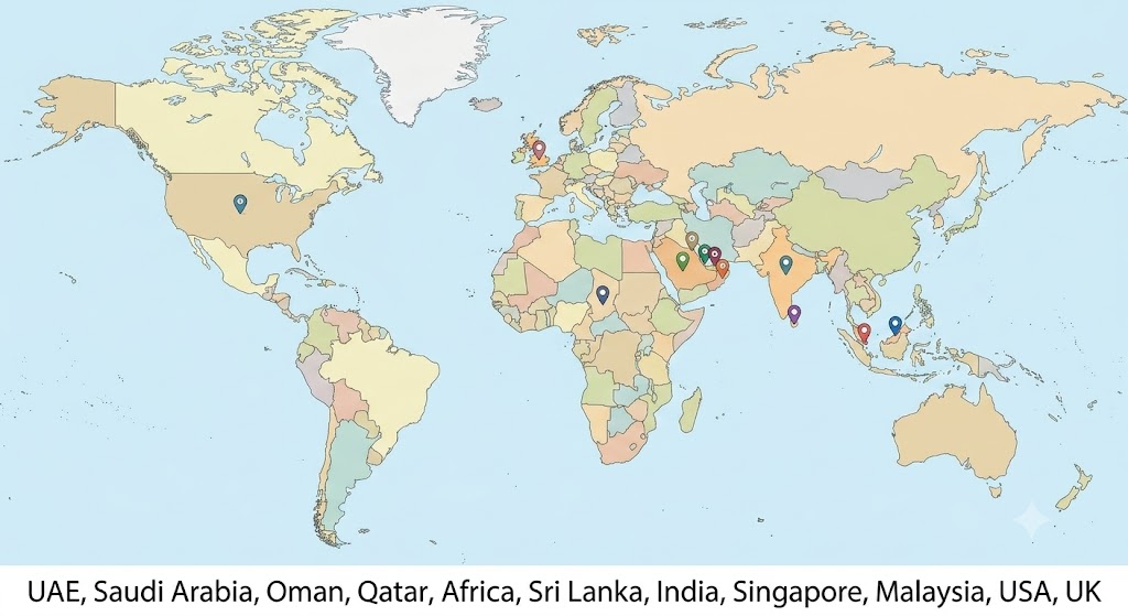 World map showing Rivvot Technologies serving the UAE, Saudi Arabia, Oman, Qatar, Africa, Sri Lanka, India, Singapore, Malaysia, USA and UK